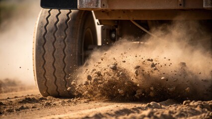 Closeup of soil particles being pressed showing clumps of dirt breaking apart under the immense pressure of a y compactor with dust swirling in the air.