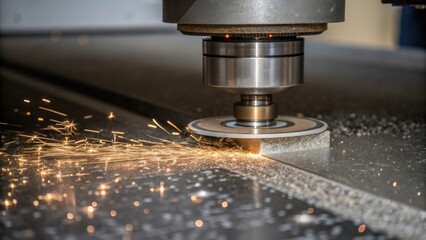 Closeup of surface grinding of a metal part with particles of metal being ground away highlighting the refinement stage of fabrication.