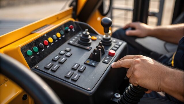 Closeup of the control panel on a piece of compaction equipment showing a maze of buttons and levers with the operators hands engaged in maneuvering the machine.