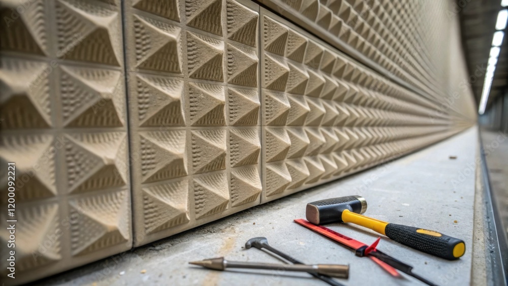 Aufkleber Closeup of the surface of a noise barrier revealing its unique texture designed to deflect sound waves with a few construction tools tered around.
