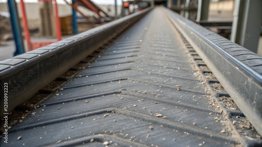 Poster closeup of the textured surface of the industrial conveyor belt featuring its rugged design built fo