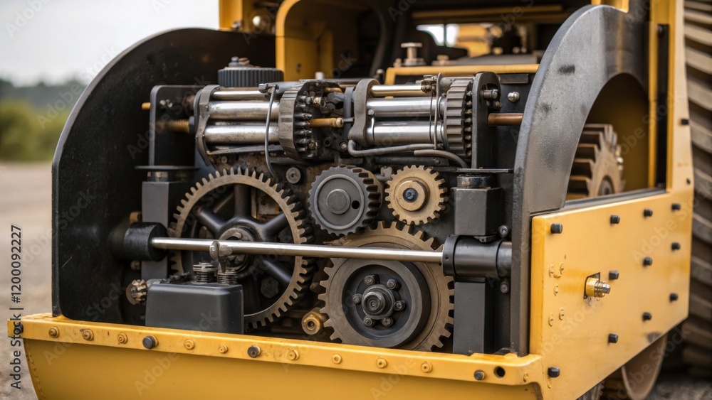 Poster closeup of the steamrollers engine compartment revealing intricate machinery and tools portraying th