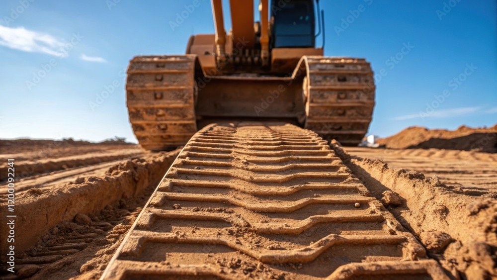 Aufkleber closeup of the tracks of a large crawler excavator pressing into the ground leaving imprints in the 