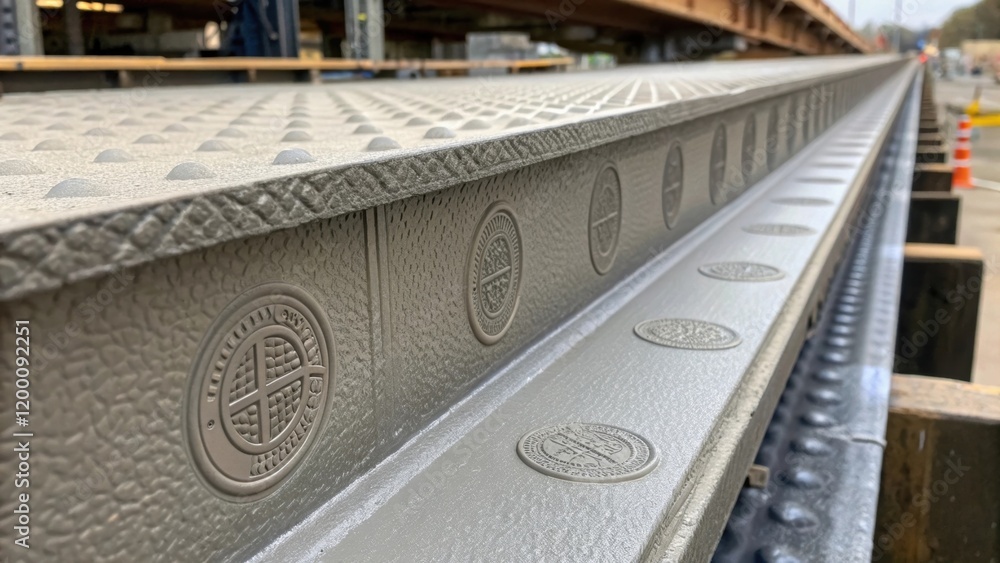 Poster Closeup of the textured surface of a prefabricated bridge section revealing detailed grooves and patterns created during manufacturing with quality control stamps visible.