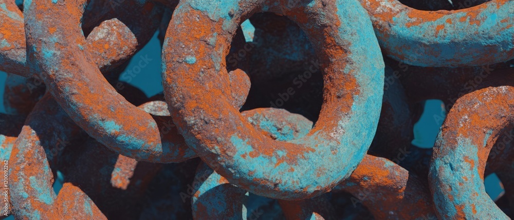 Poster texture of rusted iron rings reveals unique surface patterns and colors in natural light