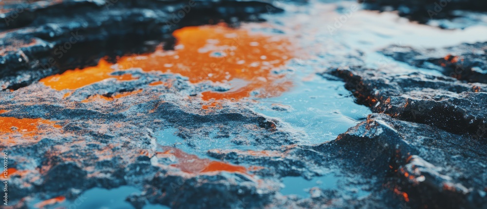 Poster exploring the intricate textures of rust on iron with reflective surfaces in natural light