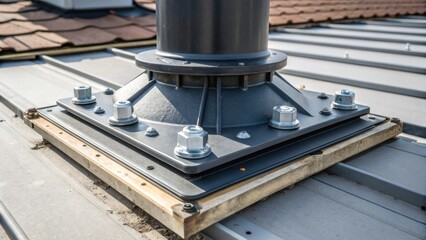 Closeup of the turbines base and mounting plate revealing the secure attachment to the rooftop structure.