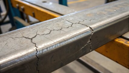 Closeup of tiny cracks forming on a steel frame under scrutiny highlighting wear and fatigue during a prolonged endurance test in extreme conditions.