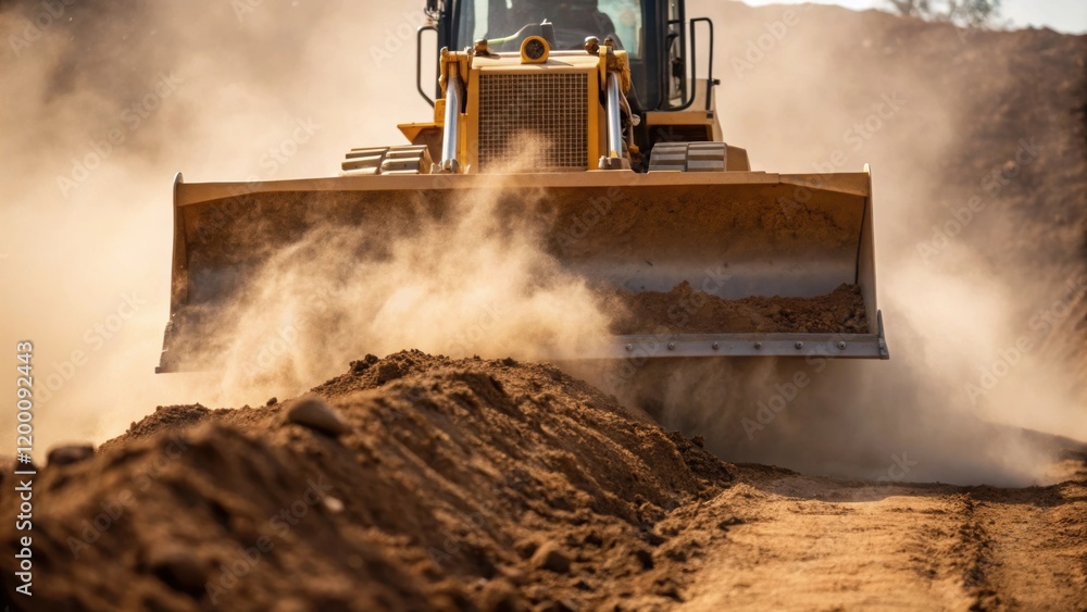 Aufkleber Closeup perspective showing a bulldozer pushing a mound of earth with fine dust clouds swirling up as it levels the uneven terrain in preparation for new structures.
