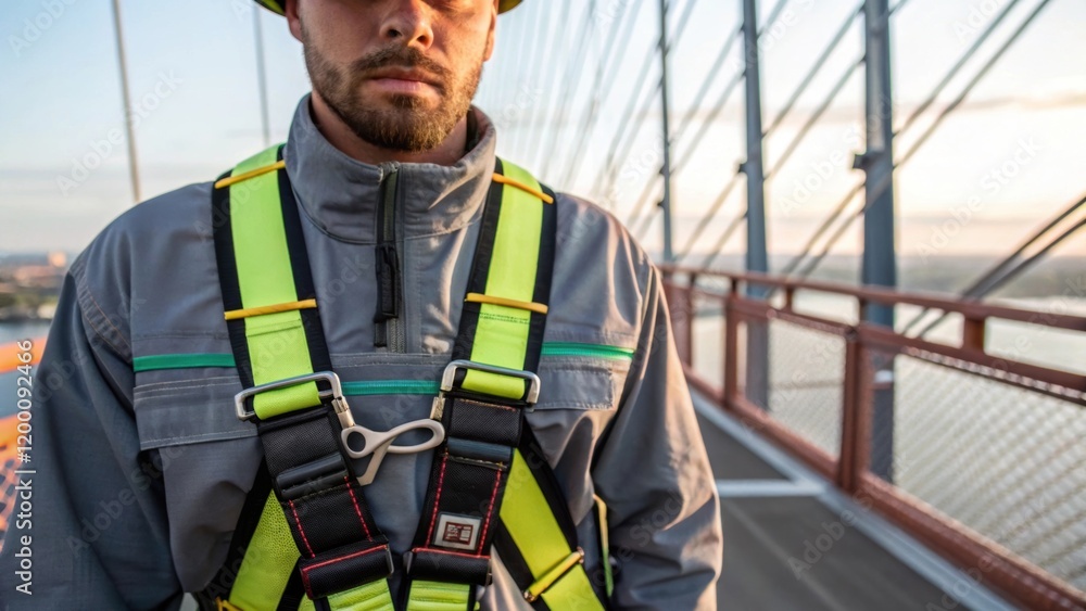 Poster closeup shot of a safety harness secured on a worker emphasizing precautions taken during the instal