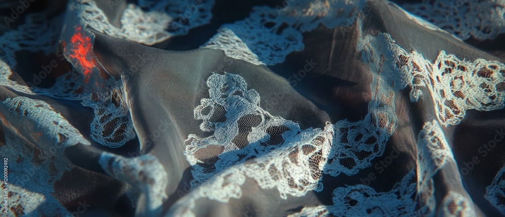 Poster Delicate lace fabric showcasing intricate patterns and light transparency in a detailed close-up shot