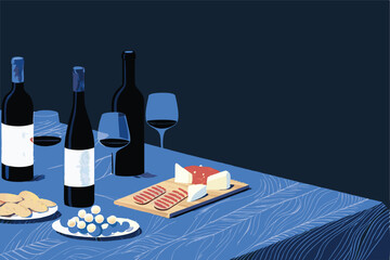 Create a vector background illustration depicting a wine and cheese tasting scene with a rustic aesthetic.
