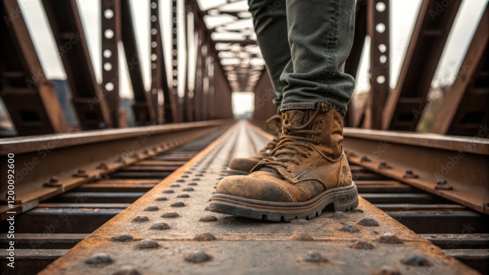 Poster detailed closeup of an engineers safety boots standing atop the steel beams capturing the texture of
