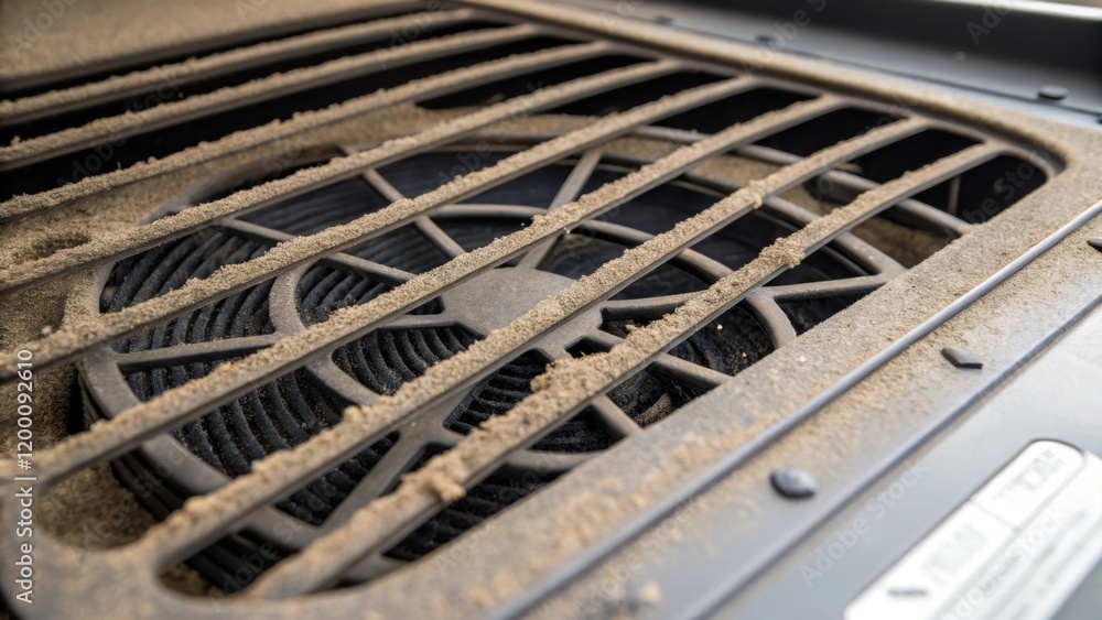 Poster detailed closeup of the air intake grill of a purification unit showcasing the buildup of dust and c
