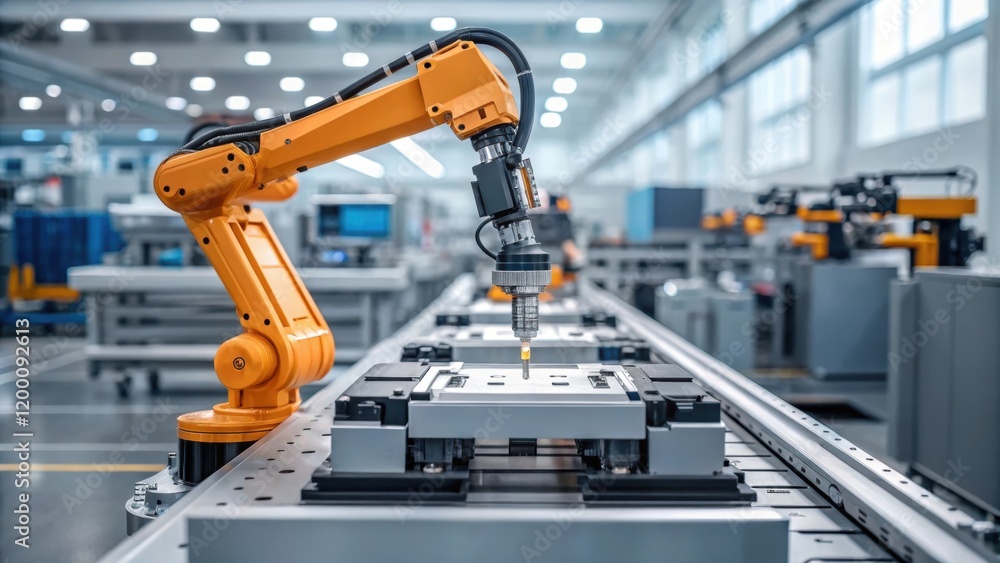 Poster Detailed imagery of a robotic arm in action assembling components with precision on the production floor showing the blend of technology and manufacturing.