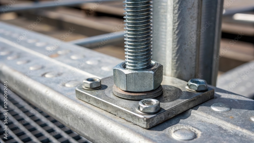 Poster detailed closeup of a heavyduty bolt being secured into place on a metal walkway support highlightin