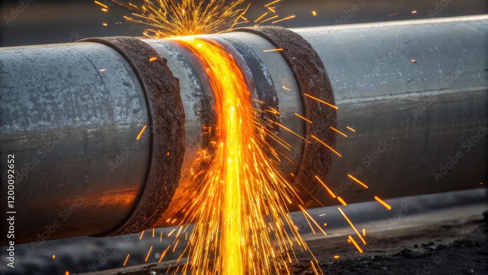 Poster detailed image of a pipeline joint being welded with molten metal drizzling down the vibrant orange 