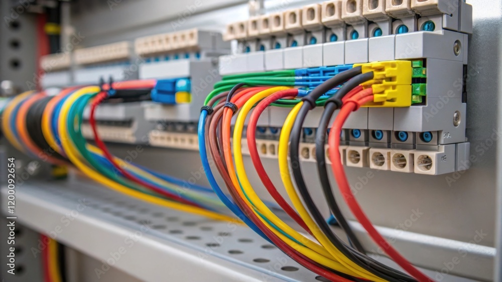 Poster detailed closeup of colorful electrical wiring being carefully connected within a modular unit showc