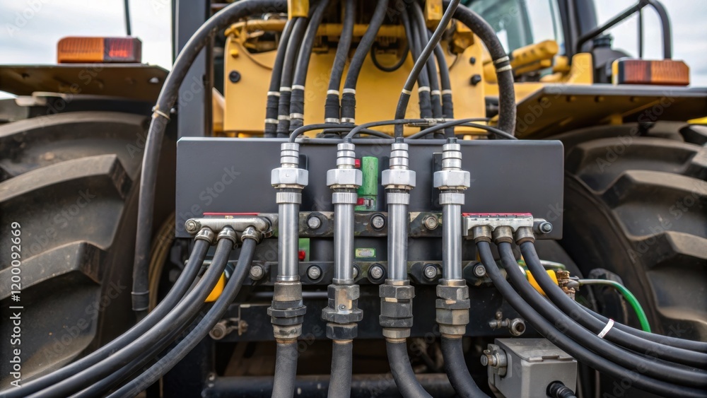 Poster Detailed shot of hydraulic lines and valves connecting various components of a large harvester showcasing the complexity and engineering prowess of modern farming equipment.