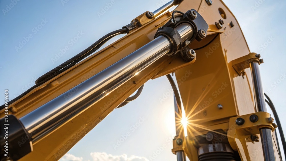 Poster detailed shot of a hydraulic arm of an excavator glistening in the sunlight as it articulates emphas