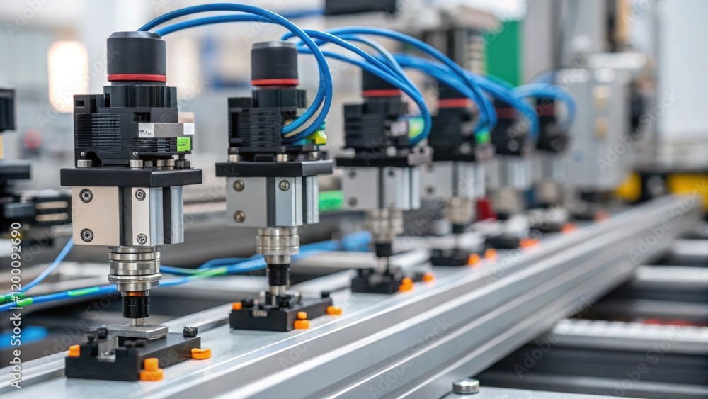 Fototapete Detailed shot of sensors mounted on a production line capturing the intricacies of technology designed to optimize workflow efficiency.