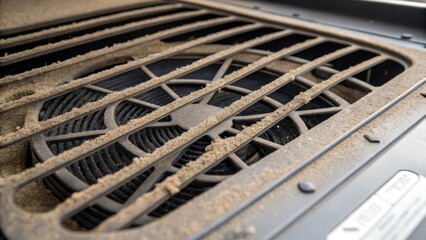 Detailed closeup of the air intake grill of a purification unit showcasing the buildup of dust and contaminants illustrating the importance of regular cleaning for optimal