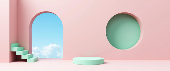 minimalist pastel room with archways staircase and platform