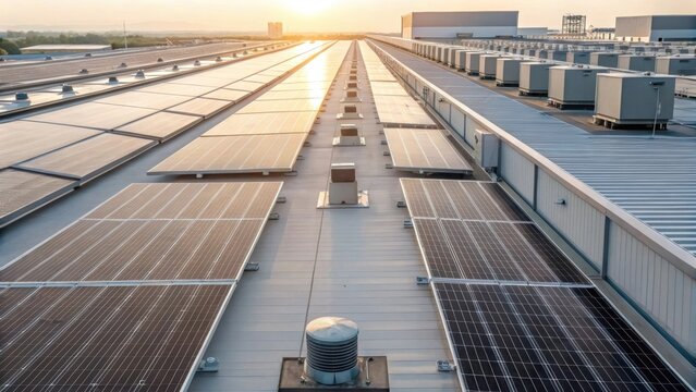 Detailed shot of a warehouse rooftop featuring an array of solar panels glistening under sunlight punctuated by ventilation units and maintenance walkways.