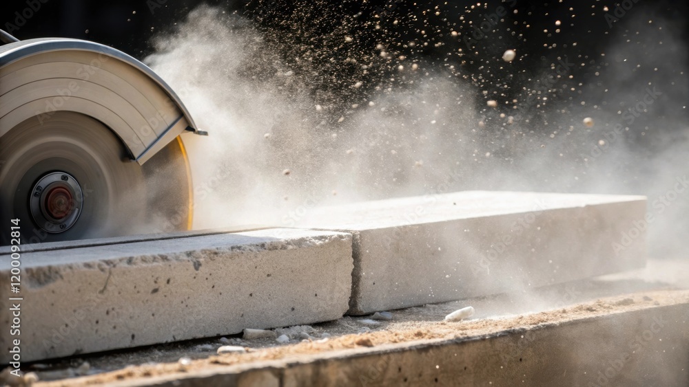 Poster Dust and Materials in Action A closeup capturing a cloud of dust as a concrete saw s through a precast piece emphasizing the dynamic and sometimes messy nature of construction