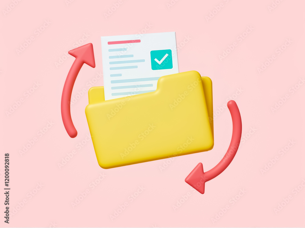 Poster 3d render of yellow folder with checked document