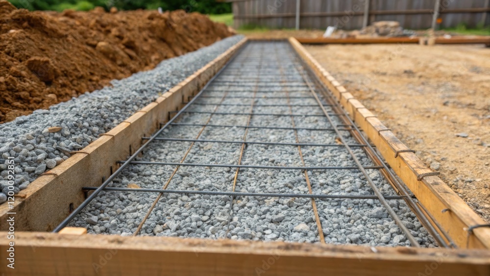 Poster Foundation Preparation Closeup of a freshly excavated area being prepared with gravel and rebar illustrating the groundwork necessary for the precast structures foundation.