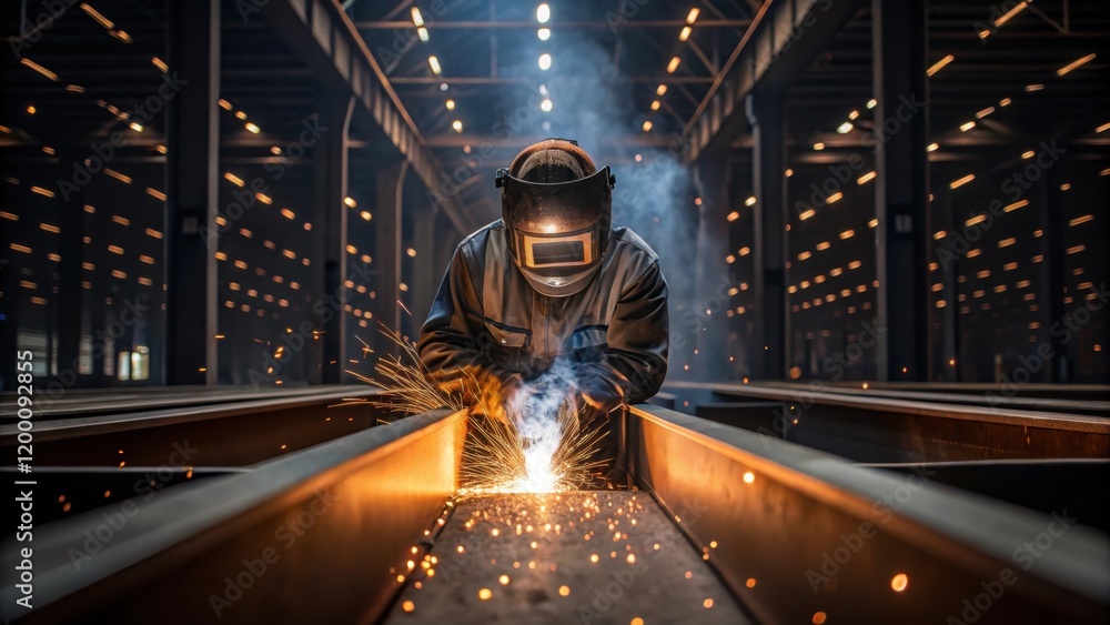 Poster flames and sparks tered around as a welder takes a moment to inspect finished welds on a massive ste