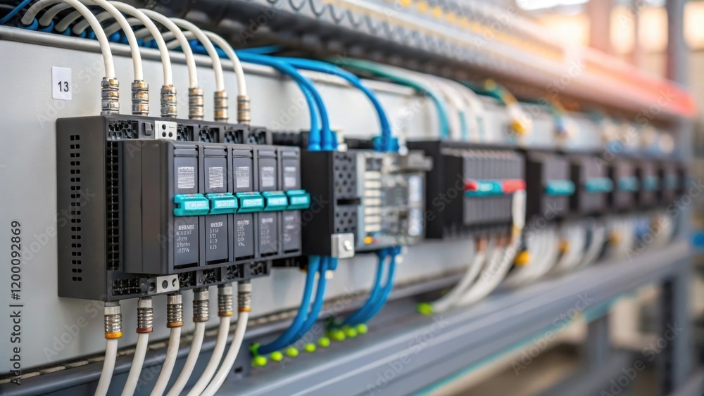 Aufkleber Focused view of programmable logic controllers PLCs wired and interconnected illustrating the complex electronic heartbeat of modern manufacturing.