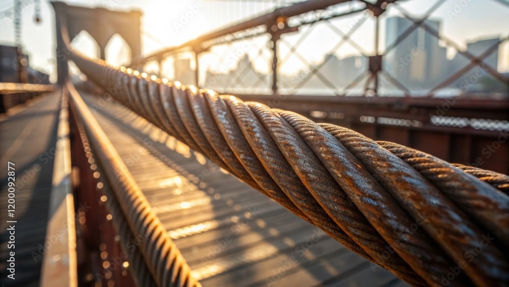 Poster Focus on the textured surface of a suspension cable showing detailed patterns of rust and wear illuminated by bright sunlight filtering through nearby structures.