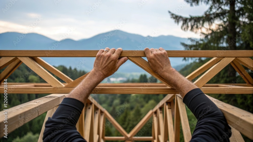 Aufkleber Hands assembling prefabricated trusses showcasing the complexity of the bridge design with elements of nature like trees and mountains visible.