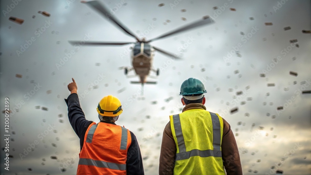 Aufkleber groundlevel view of construction workers pointing toward the sky as a helicopter approaches the stro