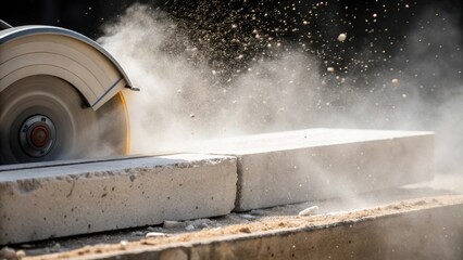 Dust and Materials in Action A closeup capturing a cloud of dust as a concrete saw s through a precast piece emphasizing the dynamic and sometimes messy nature of construction
