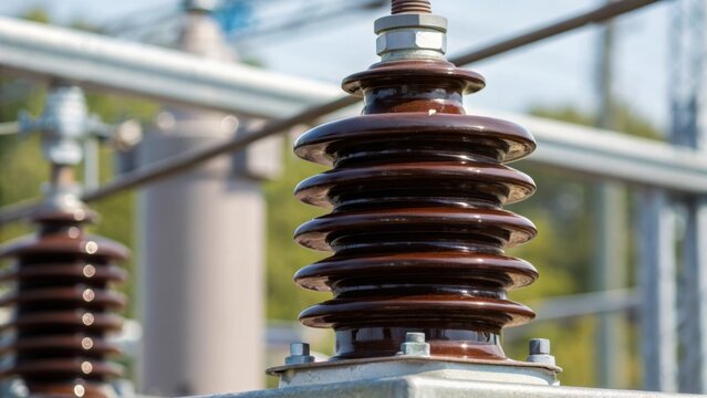 Extreme closeup of a highvoltage insulator showcasing intricate ceramic details and the glossy sheen of the protective surface against steel.