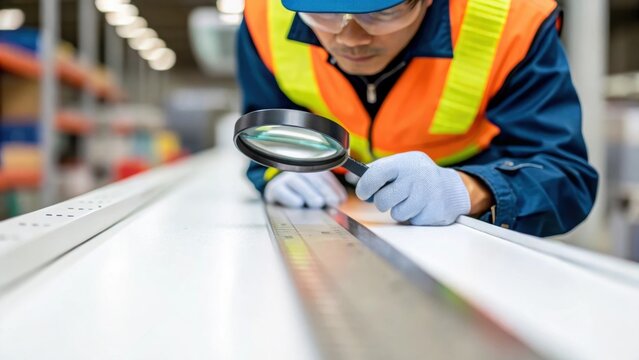 Final Inspection A focused shot capturing a quality control representative inspecting the surface of a completed industrial belt for any defects before packaging.