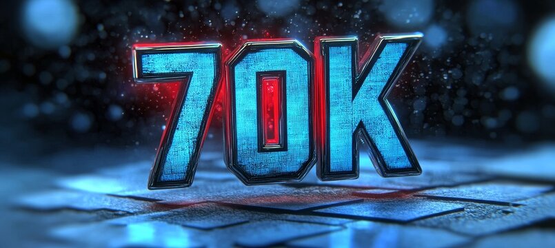 3D Number 70K in Glowing Blue and Red With A Futuristic Technological Digital Abstract Background - Powered by Adobe