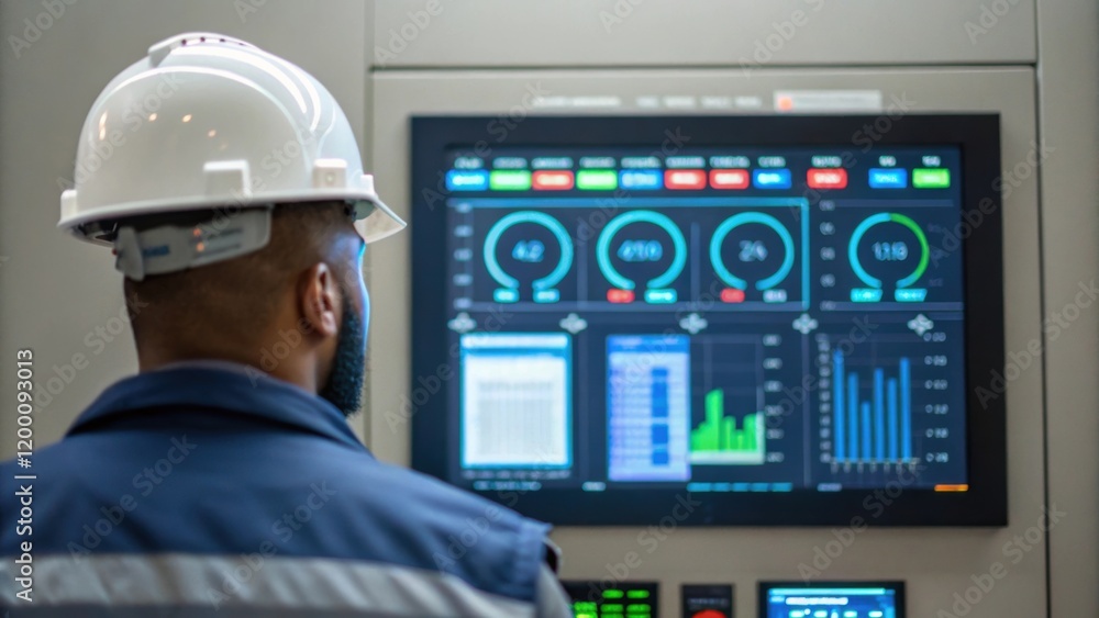 Aufkleber Medium closeup image capturing an engineer studying a digital display panel with graphs and metrics illuminating the screen indicating the performance levels of the hydroelectric