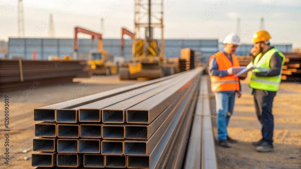Poster medium closeup capture of stacked steel beams on a construction site with workers measuring and disc