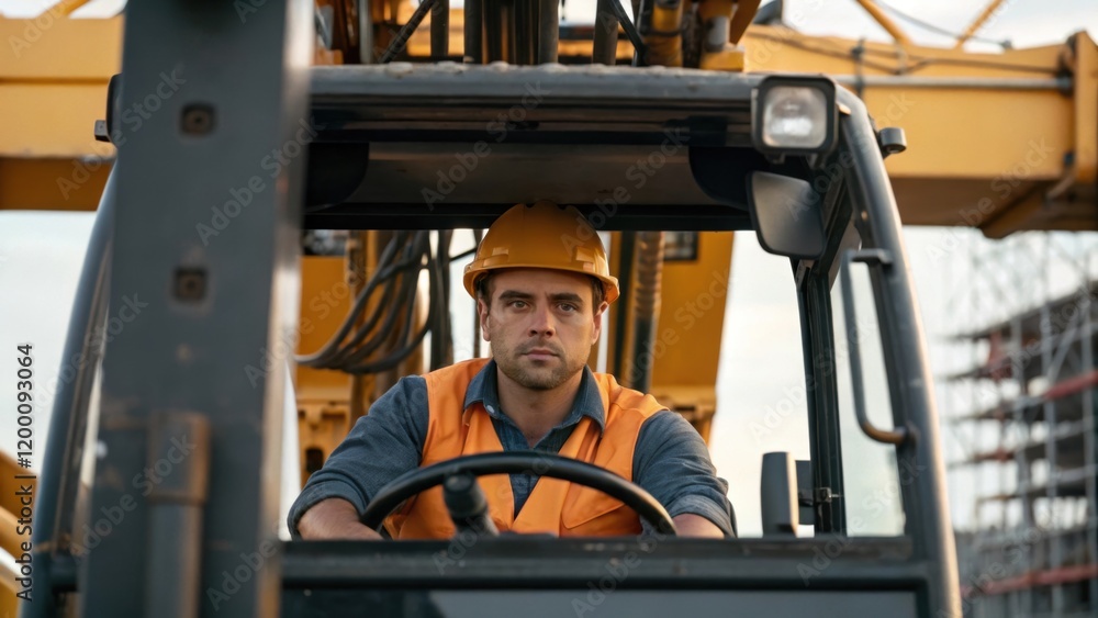 Aufkleber Medium closeup capture of a worker operating heavy machinery gripped in concentration as they maneuver a crane to place a bridge support showcasing the blend of technology and