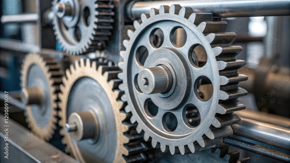 Fototapete Intimate photograph of gears and cogs within an automated system highlighting mechanical intricacy and the harmonious operation of machinery.