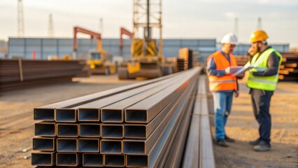 Medium closeup capture of stacked steel beams on a construction site with workers measuring and discussing plans against the backdrop of machinery in the distance.