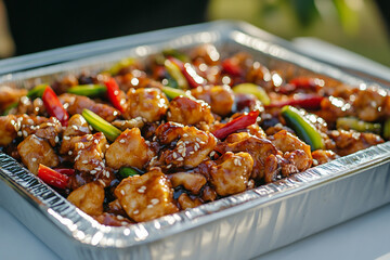 Catering  aluminum tray of sesame chicken with peppers, onions, and a glossy glaze