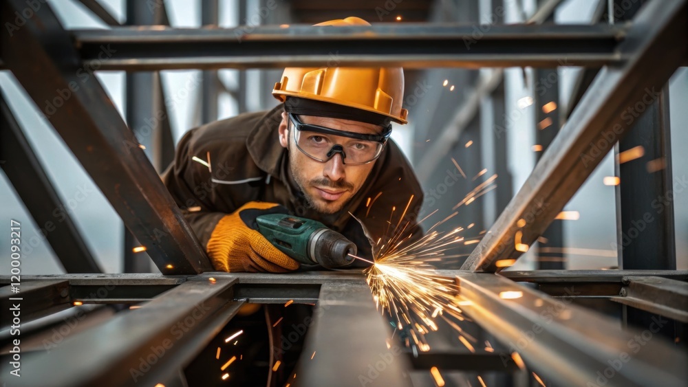 Poster medium closeup of a construction worker using a power drill on a steel framework sparks flying as me