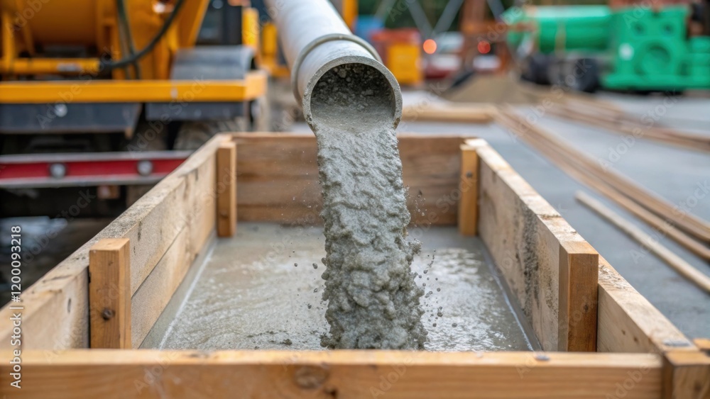 Poster medium closeup of a concrete pump hose delivering a steady stream of gray concrete into a wooden fra