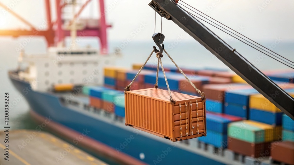 Aufkleber medium closeup of a crane extending towards a ship with cargo containers being lifted precariously b