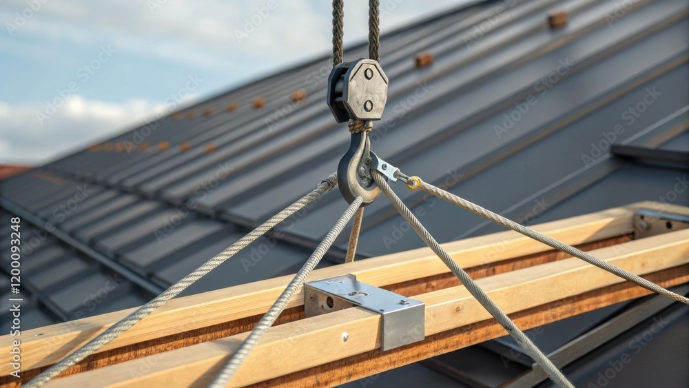 Poster medium closeup of a cranes hook lifting a section of the roof focusing on the dynamic tension of the